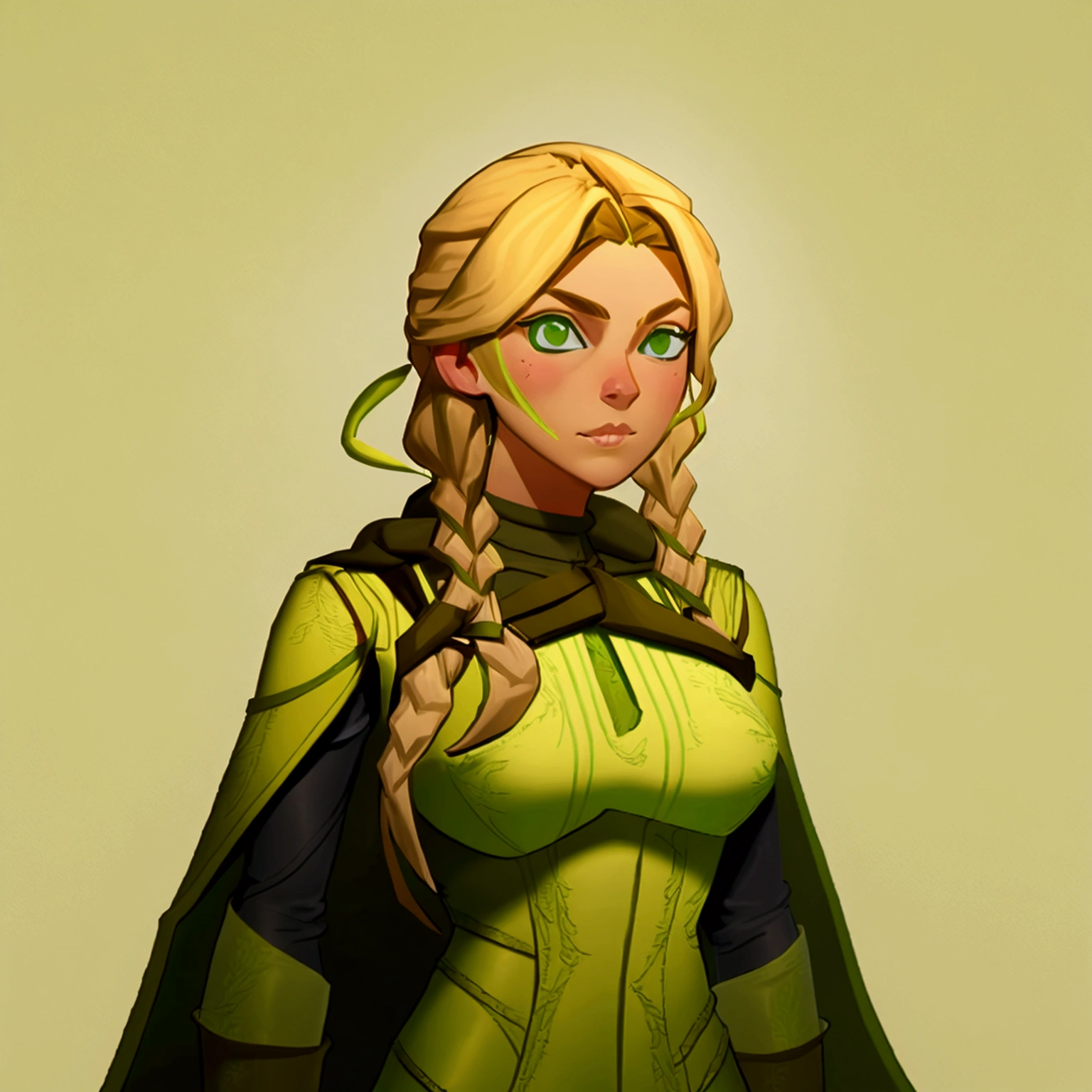concept art, European and American comics, game character design, RPG Fantasy Game Characters, solo, 20-year-old European woman, (((blonde hair, golden hair))), long hair, braid (((Lime green fabric combat suit))),white background, Brown eyebrows ,holding a bow,black eye, Focused on the upper body, Make your face look bigger,((Draw only up to the waistline))), (((Zoom in so the face is clearly visible))), (((Focused on the upper body))), Lime green short-sleeved top, A cloak with a hood, Brown corset, Lime green gloves, Brown waist belt, The belt buckle is lime green, Short lime green skirt, holding a bow, Wearing a quiver,