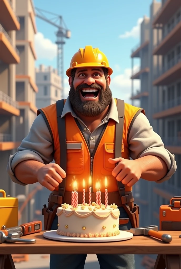 Construction man celebrating his birthday with a cake and construction tools 