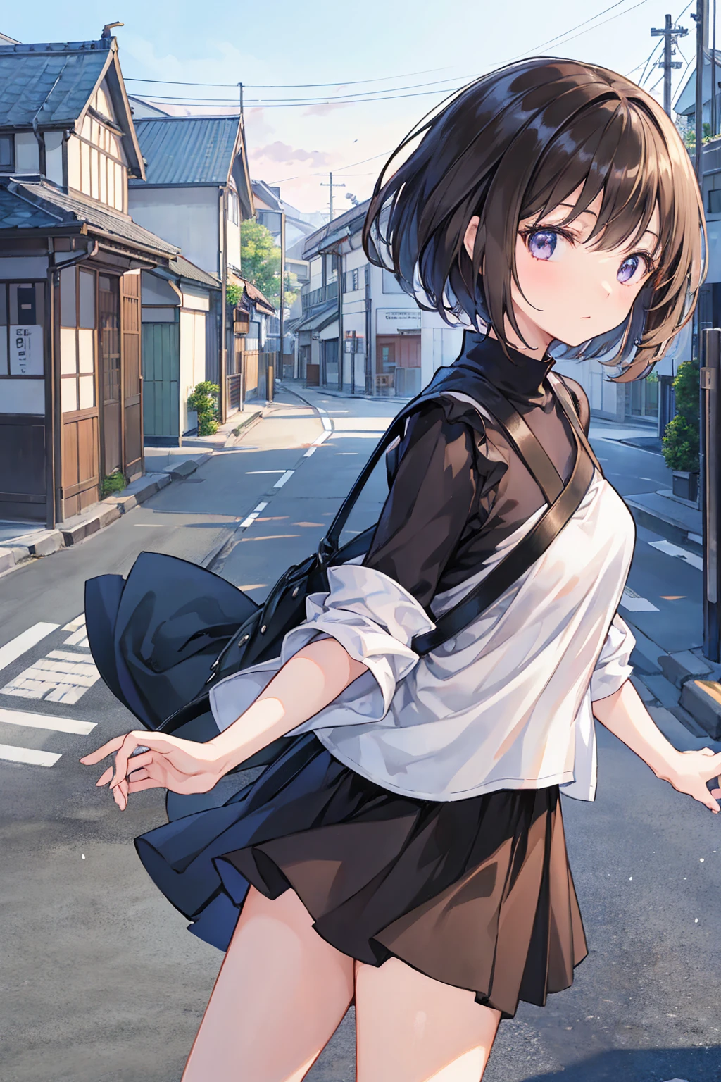 A 20-year-old Japanese woman is walking down the street.、She is wearing casual clothes、She is wearing a long black skirt、She is wearing a peplum blouse、She's looking at us、She is a thin woman with dark brown hair and a fluffy long bob.、Small breasts、thin、A cup breasts、An illustration、二次元An illustration、Japan anime、日本のAn illustrationレーターが描いた、High resolution、4k quality、high quality、High resolution、8 million pixels、Attention to detail、
