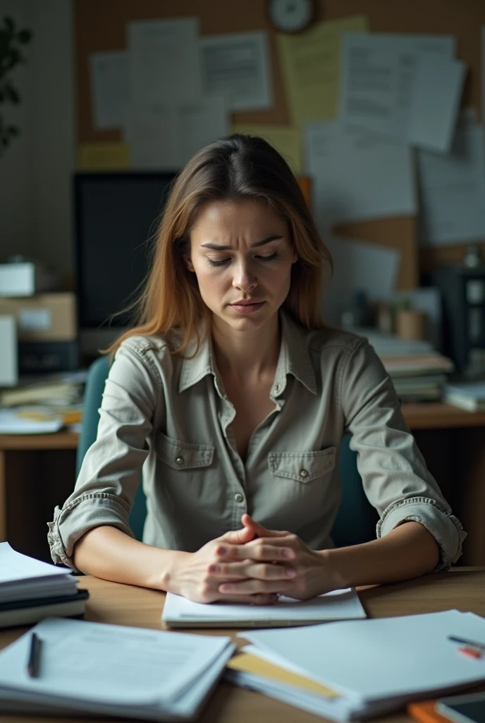 A woman with a tired expression, juggling multiple tasks. She could be sitting at a cluttered desk, balancing paperwork, and looking exhausted.