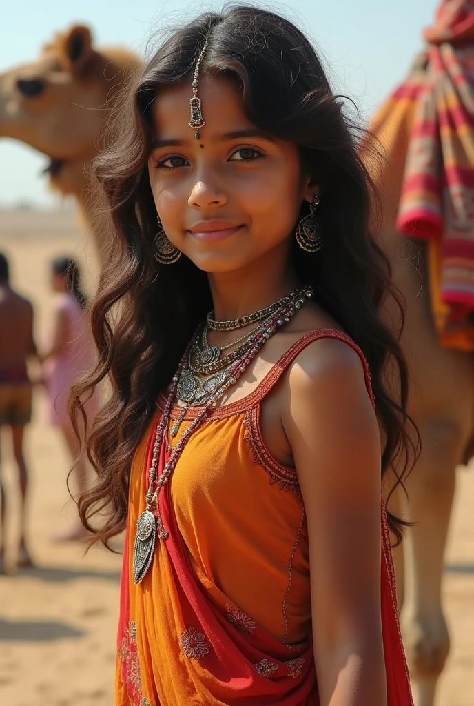 Beautiful girl with wavy long hair, rajasthani dress, ,Right hand gun or left ,"hand water bottle, camel top"
,the girl belongs to the camel"