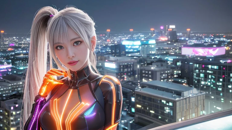 Cyber city at night,(Gorgeous night illuminations:1.3),(Stand on the roof of a building:1.3)The actress is a very beautiful adult woman...........(Sexy ultra-glossy orange transparent holographic mechanical cyberpunk suit:1.3) ,(A mechanical suit that lights up with brightly colored LEDs:1.3),Surrounded by a network of wires. surrounded by circuits.Sexy Face, necklace,Earrings, Smile.Sexy pose, (Silver Hair、精巧な編み込みとビーズで飾られたponytailのツイストバンズ,Braided Setup Fishbone Hair,),(The bangs are see-through),(hairpin、ponytail、Floating Hair、),Chest slip,(Emphasize large breasts:1.3),Professional Lighting,Cinematic Light,(Tabletop,Highest quality,Ultra-high resolution output images,) ,(8K quality,),(SeaArt 2 Mode:1.3),,(Picture Mode Ultra HD,),Perfect body、(((1 female)))、(((Beautiful and accurate five fingers)))