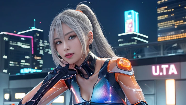 Cyber city at night,(Gorgeous night illuminations:1.3),(Stand on the roof of a building:1.3)The actress is a very beautiful adult woman...........(Sexy ultra-glossy orange transparent holographic mechanical cyberpunk suit:1.3) ,(A mechanical suit that lights up with brightly colored LEDs:1.3),Surrounded by a network of wires. surrounded by circuits.Sexy Face, necklace,Earrings, Smile.Sexy pose, (Silver Hair、精巧な編み込みとビーズで飾られたponytailのツイストバンズ,Braided Setup Fishbone Hair,),(The bangs are see-through),(hairpin、ponytail、Floating Hair、),Chest slip,(Emphasize large breasts:1.3),Professional Lighting,Cinematic Light,(Tabletop,Highest quality,Ultra-high resolution output images,) ,(8K quality,),(SeaArt 2 Mode:1.3),,(Picture Mode Ultra HD,),Perfect body、(((1 female)))、(((Beautiful and accurate five fingers)))