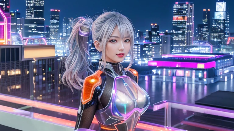 Cyber city at night,(Gorgeous night illuminations:1.3),(Stand on the roof of a building:1.3)The actress is a very beautiful adult woman...........(Sexy ultra-glossy orange transparent holographic mechanical cyberpunk suit:1.3) ,(A mechanical suit that lights up with brightly colored LEDs:1.3),Surrounded by a network of wires. surrounded by circuits.Sexy Face, necklace,Earrings, Smile.Sexy pose, (Silver Hair、精巧な編み込みとビーズで飾られたponytailのツイストバンズ,Braided Setup Fishbone Hair,),(The bangs are see-through),(hairpin、ponytail、Floating Hair、),Chest slip,(Emphasize large breasts:1.3),Professional Lighting,Cinematic Light,(Tabletop,Highest quality,Ultra-high resolution output images,) ,(8K quality,),(SeaArt 2 Mode:1.3),,(Picture Mode Ultra HD,),Perfect body、(((1 female)))、(((Beautiful and accurate five fingers)))