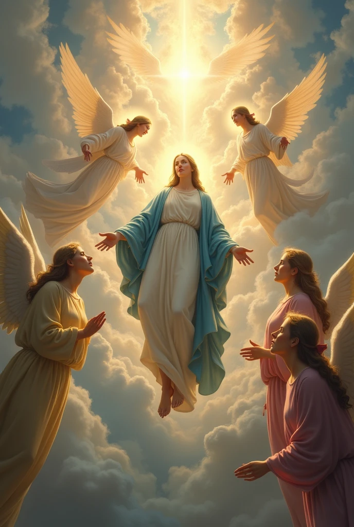 Hail marry going to heaven with angles 4k masterpiece realistic ultra 4k and god watching everyone in heaving looking at hail marry