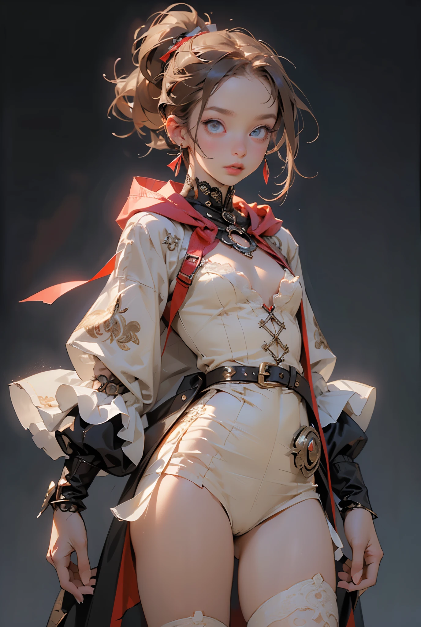 (((masterpiece, of the highest quality, super detailed))), (a female knight of an occult order), ((minimal but intricate beautiful armour)), ((dark hair)), ((ponytail, thick ponytail, heavy ponytail)), (((( Highly detailed face))), (((Very sharp focused eyes))), very long eyelashes, small breasts, (((flat chest:1.1))), (resolved expression), (resolute expression), occult aesthetic, Fluttering lace flared dress with frilly petticoats, (red and white clothing detailed and intricate steampunk and detailed gothic), (with a hood), (thigh high flared socks), complex lace boots