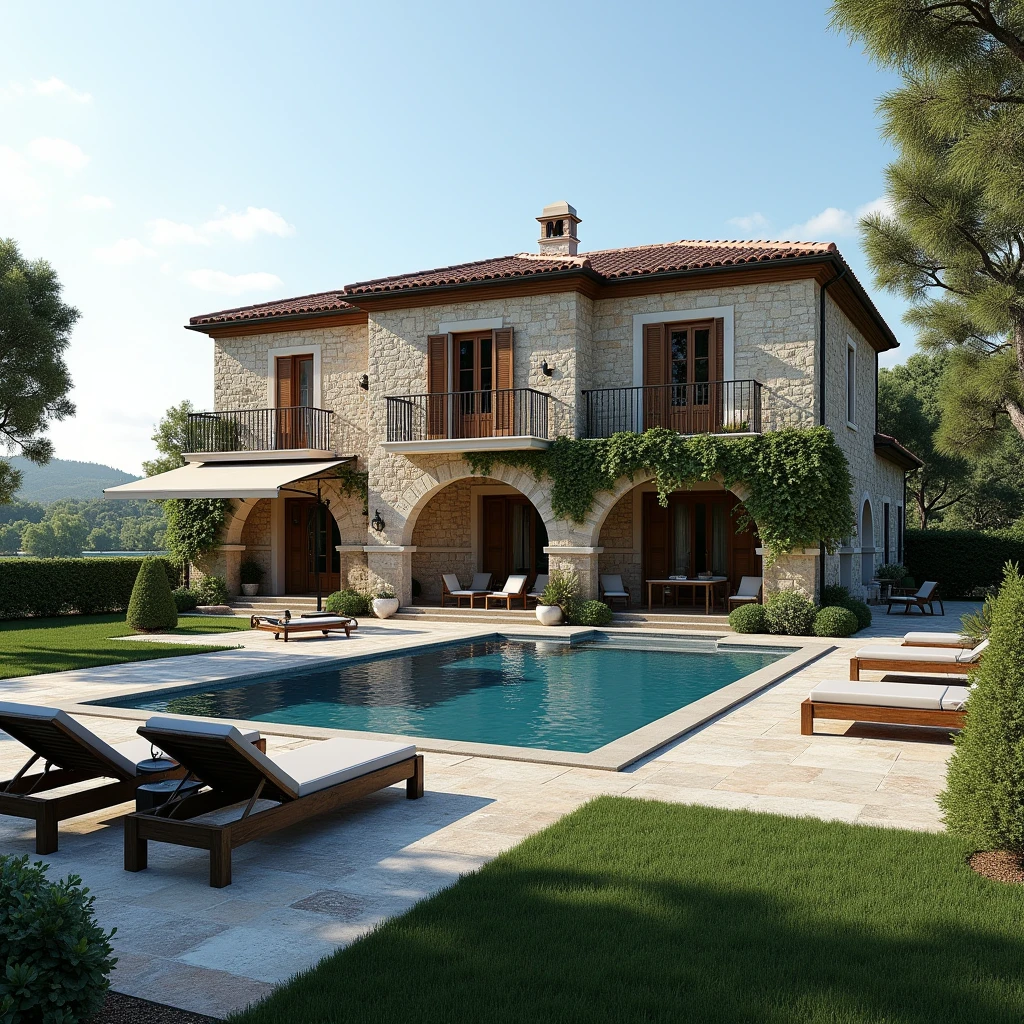 Design me a villa with an Italian style, a bit older with stone and so on, but still luxurious with a pool and a beautiful view and with a car.