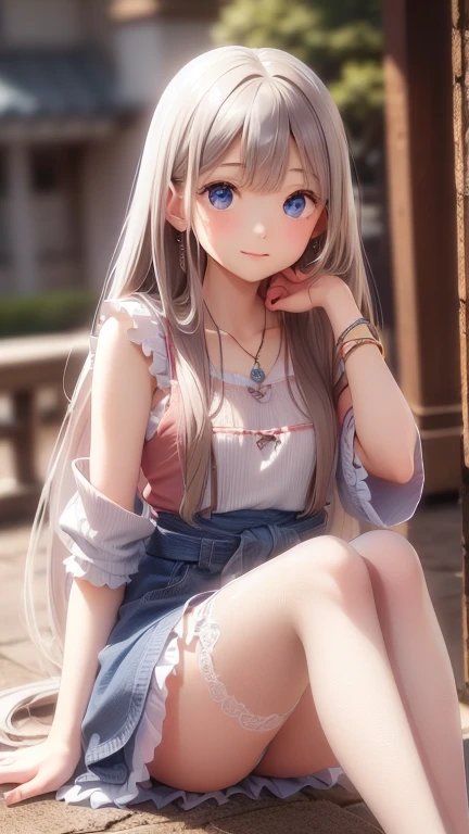 ((Detailed face, Cute Face)), (彼女は白い刺繍の入った長いスカートをyesている, Red blouse with lace, A white apron is tied around her waist, Blue socks, Brown leather shoes, She has a blue scarf wrapped around her head. yes, Her accessories include necklaces., Earrings, bracelet. 1 person)), Ultra-high resolution, (Realistic: 1.4), RAW Photos, Highest quality, (PhotoRealistic Stick), concentrated, Soft Light, ((15 years old)), ((Shiny platinum blonde silky super long straight hair, beautiful shiny bangs, Big clear sky blue eyes, Very beautiful bright eye highlights )), (( (Young Face))), (surface), (Depth of written boundary), masterpiece, (Realistic), woman, bangs, ((1 person))