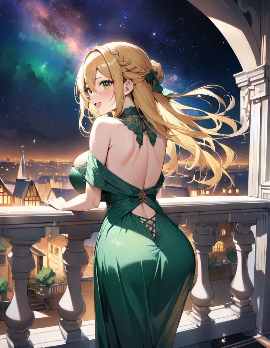 (masterpiece)、(absurdres)、(ultra detailed)、(8k)、solo woman:1.1、big breast:0.9,french braid、yellow long hair:1.1、green eye、hair between eyes、from behind,BREAK,(Emerald-green maxi dress),BREAK,happy,Starry Sky、nebula、Balcony with a medieval view、