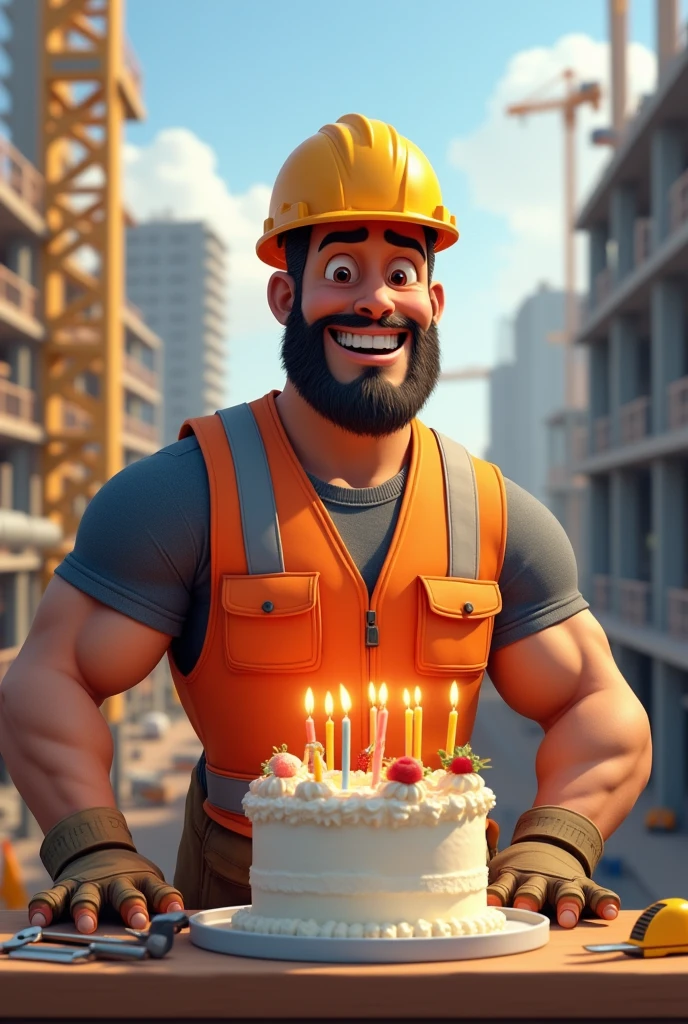 Construction man celebrating his birthday with a cake and construction tools