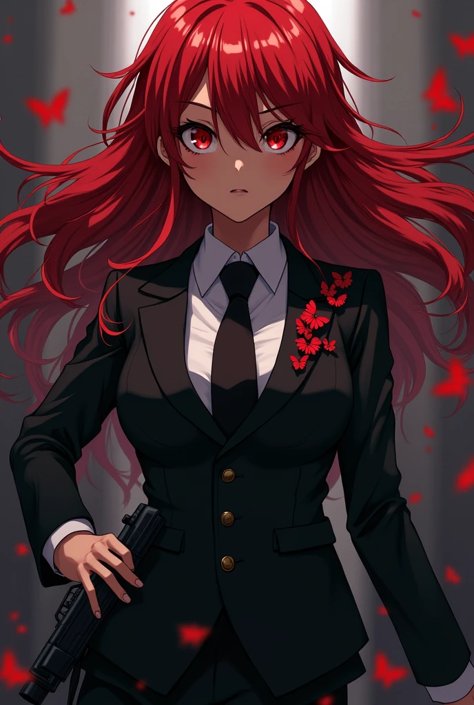 A black girl with red butterfly locks. She has a black suit with a white shirt and black waistcoat. She carries a handgun on her. She has crimson eyes. This should be in the Anime ‘Bungo Stray Dogs’ drawing style