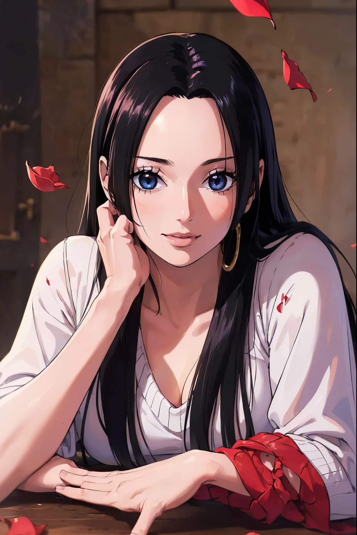 Highest quality, masterpiece, Very detailed,(((One person)), ((Rose)), (vine), cage, bandage, Red rope, (Detail Light), falling Rose petals, Boa Hancock,, (masterpiece:1.5), Detailed Photos, smile,(8k, Realistic, Highest quality: 1.4), (One person), Beautiful Face, (Anime realistic face), (Black Hair, Long Hair: 1.3), Beautiful hairstyle, Realistic eyes, Beautiful details in the eyes, (Realistic Skin), Beautiful Skin, (sweater), Absurd, Charm, 超High resolution, Ultra-realistic, High resolution, Golden Ratio,NSFW erotic pose