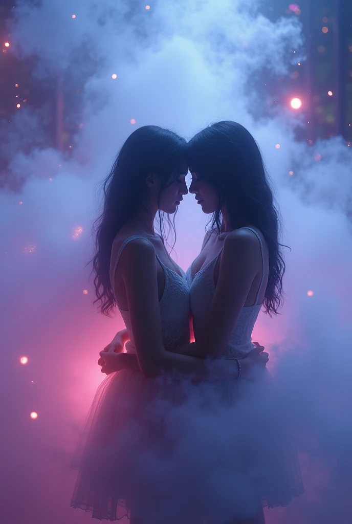 (Mysterious fog:1.5), (Thick Fog:1.2), iridescent, neon dust, shading effects, gradation magic effects, foggy filter effects, glitter effects, graphic CG digital art, Two young women kissing