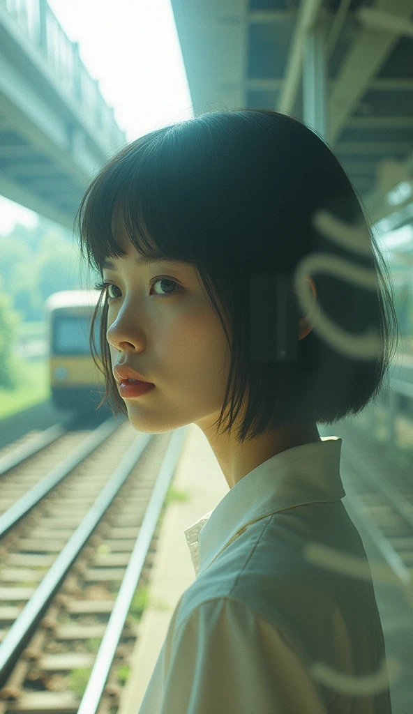 Edit Photos,Highly detailed background,Ultra-realistic,Double exposure,Depth of written boundary,Summer atmosphere,Soft Focus Tone,Story Scene,Very thin,Straight hair,short cut bangs,super slim eyes,Train passing through viaduct,Underground,From below,