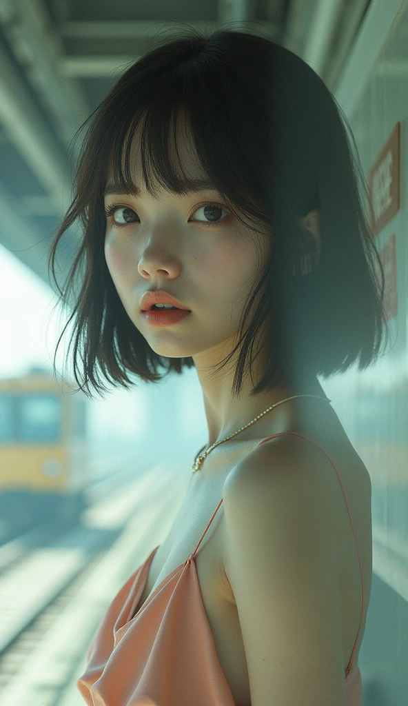 Edit Photos,Highly detailed background,Ultra-realistic,Double exposure,Depth of written boundary,Summer atmosphere,Soft Focus Tone,Story Scene,Very thin,Straight hair,short cut bangs,super slim eyes,Train passing through viaduct,Underground,From below,