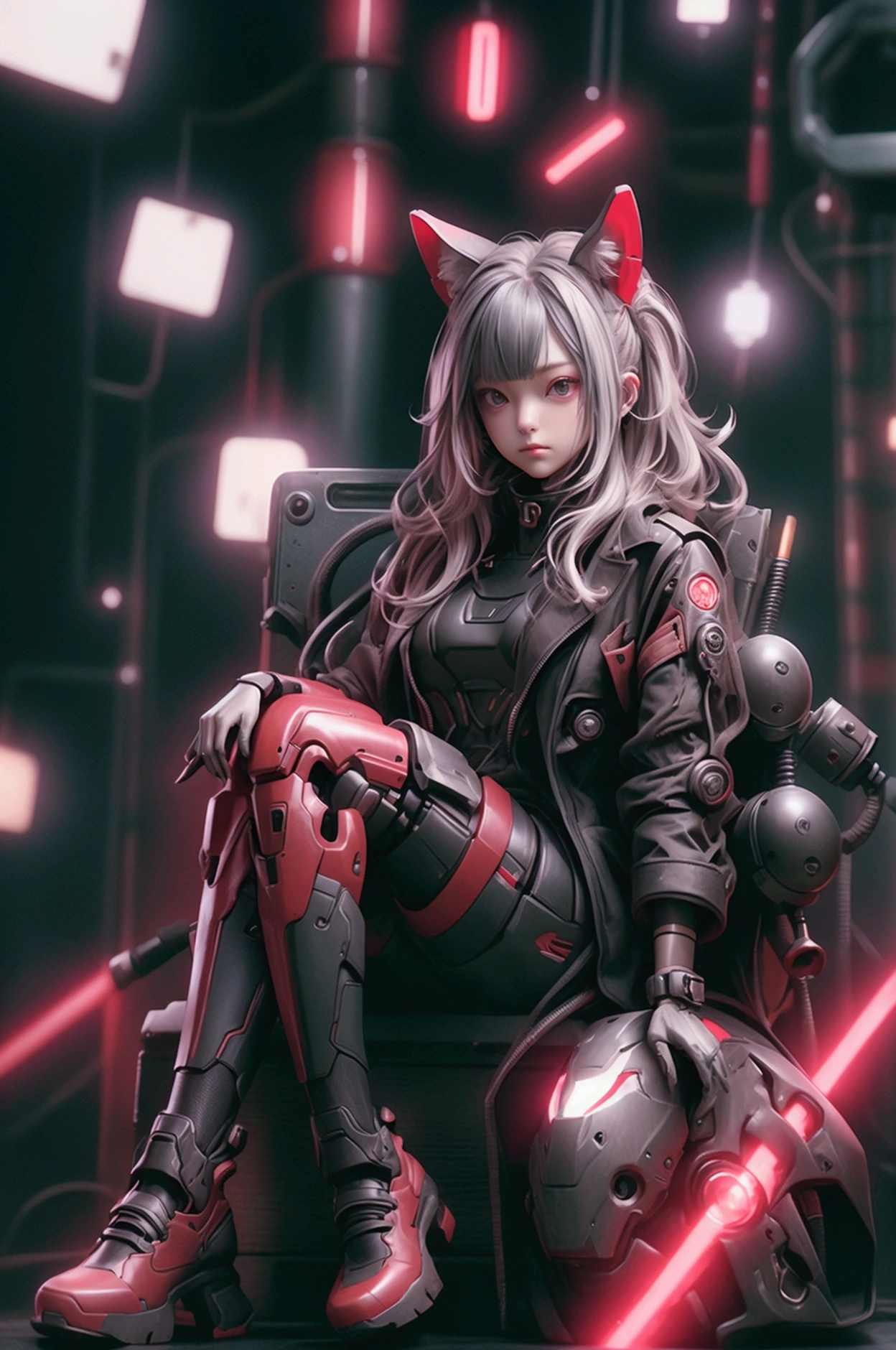 whole body、Sitting、Reduce the size of the person、Looking up pose、Full Face Helmets、Half Machine Body、Neck of the machine、Left arm of the machine、The machine's left leg、A large robot face in the background、Red Neon、Image in black and red shades、Contrast、Black clothes、Futuristic Suit、Large size raincoat、Platform boots、Shorts realistic texture、Hair blowing in the wind、Backlight、