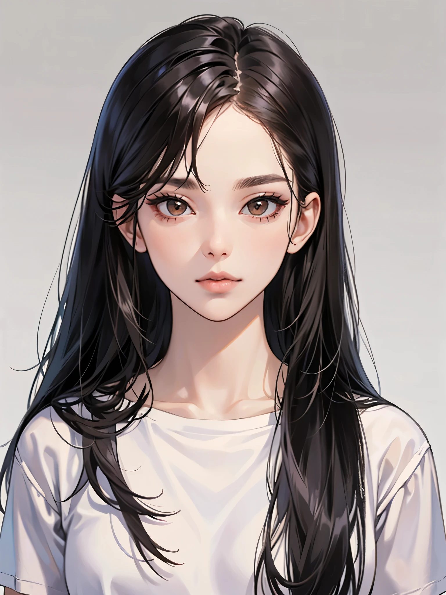 long straight black hair, brown eyes, Sharp features, white skin, perfect, t-shirt, simple background, 1 girl,
