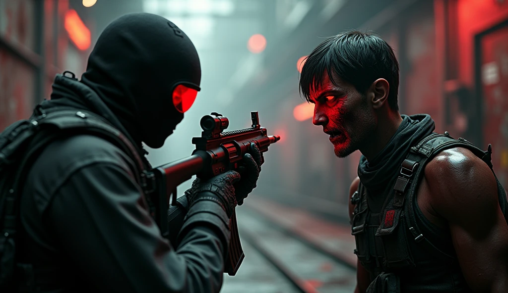 F.E.A.R. operative wearing black tactical balaclava and red googles holding assault rifle is standing with evil man with short black hair and glowing red aura also his mouth covered in blood