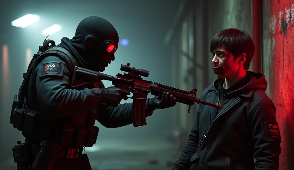F.E.A.R. operative wearing black tactical balaclava and red googles holding assault rifle is standing with evil man with short black hair and glowing red aura also his mouth covered in blood