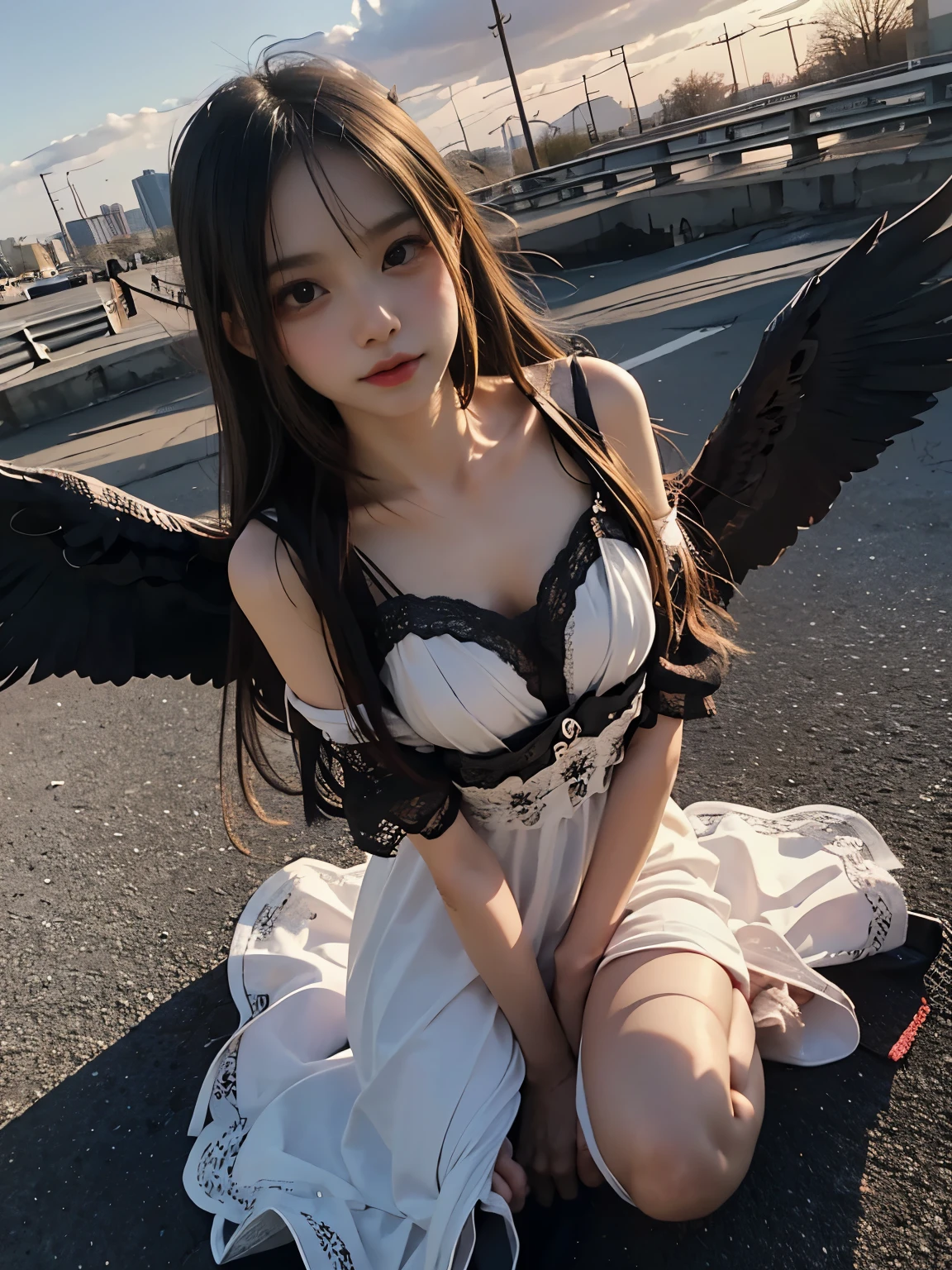 32K, Raw photo, Photorealistic, (Detailed skin, Best Quality:1.2), seductive succubus, (black wings), Teenage Japanese girl with black angel wings flying high in the evening sky, ((see through evening dress, black lace dress)), (((flat chest:1.4))), (light blonde hair, long  straight hair), (Neat face, pale skin), full body shot, translucent black cloth is wrapped around the body, thighs, sunset sky high, sunset light,