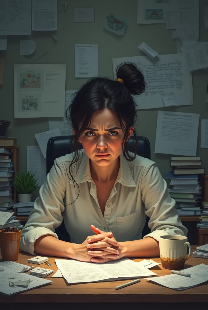 A woman with a tired expression, juggling multiple tasks. She could be sitting at a cluttered desk, balancing paperwork, and looking exhausted.