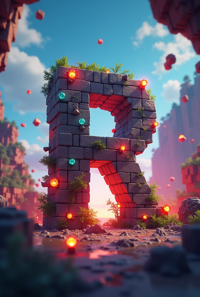 Generate an R letter for my YouTube channel profile picture that has something to do with Minecraft, free fire y mobile legends. That it contains more things from Minecraft