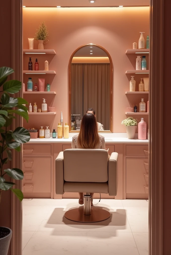 Image as if you were looking from inside a beauty salon with a chair and sink, mirror and shelf in the background with products in the background. Cor rose Gold  no formato 1080 X 720