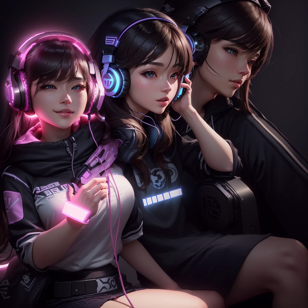 there is a woman sitting on the floor With headphones on, wearing Gaming Headset, wearing a Gaming Headset, With headphones, girl Wear headphones, play video games, Wearing modern headphones, With headphones, videogame style, Wear headphones, wearing a headset, Gaming Headset, Wearing the headset, Mr.々A pose, High resolution!!, Twitch Streamer, Hold the controller, anime peripheral