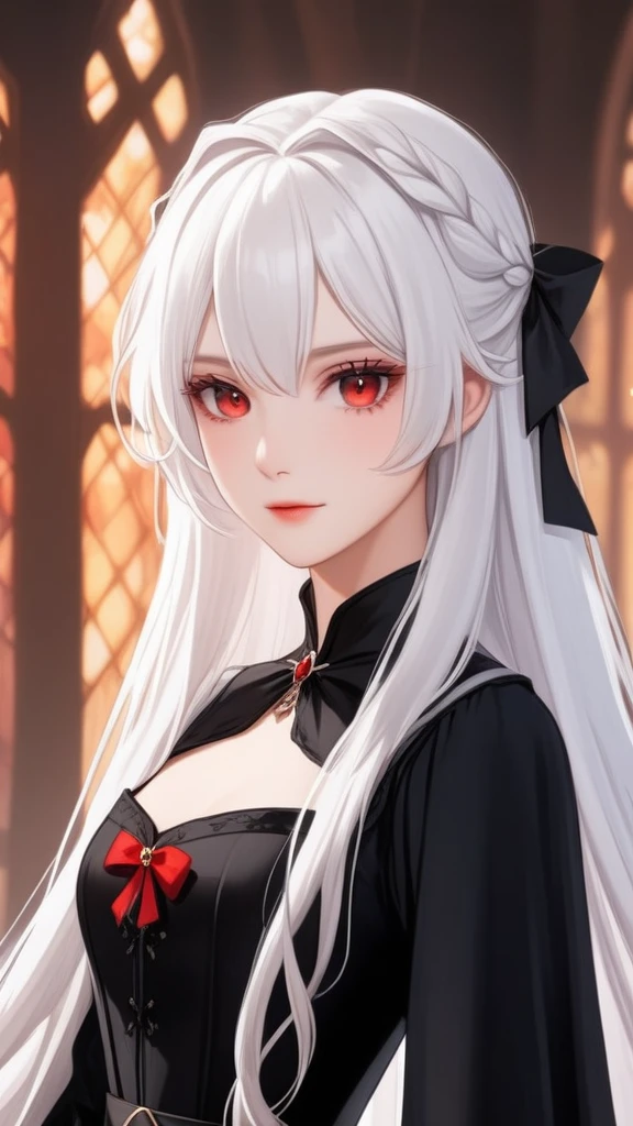The girl has fair skin, white  hair, and red eyes. She is wearing a black medieval dress and a black bow in her hair. 
