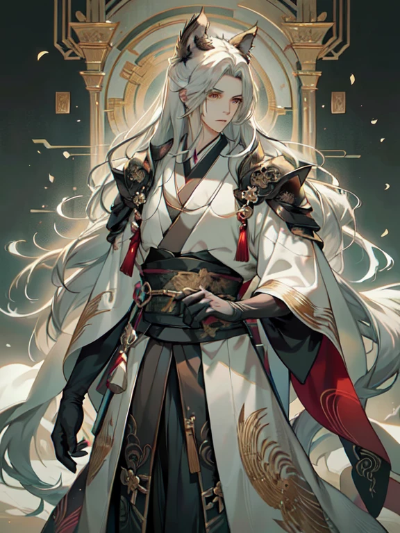 HDR,UHD,8K, best quality, masterpiece, Highly detailed, Studio lighting, physically-based rendering, 1boy, solo,
1boy, A highly detailed, anime-inspired illustration of a male character with long, flowing white hair and cat ears. He has a stern, dignified expression with piercing golden eyes that have a sharper, more intense look, reflecting a strong-willed and determined personality. His long hair flows naturally, with strands delicately outlined and softly shaded to create a realistic yet stylized appearance. He appears to be around 30 years old, with mature and defined features, exuding a sense of adult calmness and ruthlessness, similar to Sephiroth. He is wearing a dark, partially open kimono that reveals his well-defined chest, with intricate patterns and textures on the fabric to add richness to the clothing. The kimono should have traditional Japanese designs, including subtle floral motifs and elegant, gold-trimmed edges. The background is a soft, light gradient that accentuates the character's features without distracting from them, with a slight blur effect to give a sense of depth. The lighting is soft and natural, casting gentle shadows that enhance the contours of his face and body. His ears are slightly furry, with a realistic texture that blends seamlessly with his hair. The overall art style should include delicate line work and soft shading, focusing on clean lines, realistic yet stylized features, and subtle gradients and textures to create a polished and aesthetically pleasing appearance. The character should have a normal neck length and a broader jawline to ensure more balanced proportions. He should also appear to be around 190 cm tall. The image should be in 4K resolution, masterpiece quality, and of the highest standard, capturing every detail with precision and care.
upper body, 
 