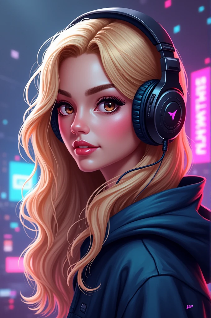 A blonde woman with dark brown eyes with headphones on her head, with the name on the logo "Akshita thakur", video game avatar, avatar image, discord profile picture, Streamer do Twitch, avatar for the website, game logo, profile picture 1024px, fanart de videogame, official fanart, gamer themed