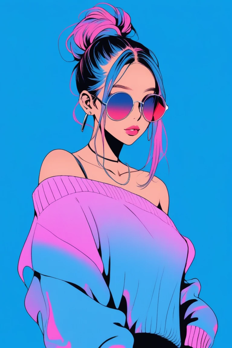 Illustrator, anime , Realistic ,sketch , 1 person, ,lip, Off-the-shoulder sweater, whole body, Sunglasses in her hair, order, Blue gradient background, Neon colored long ponytail hair,(((There&#39;The black cat on my shoulder))), Texture Trim, Canadian, (masterpiece,Highest quality) 