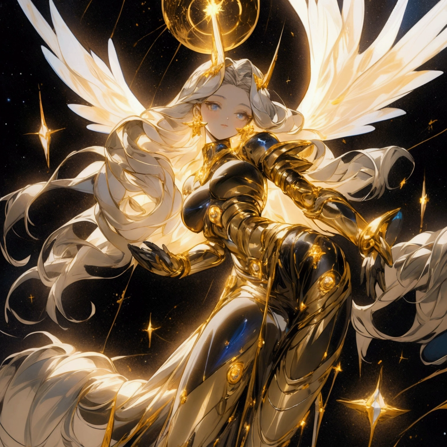 Celestine is a celestial creature whose eyes reflect the starry night sky. Her skin shimmers like the surface of the moon, and her long, flowing silver hair resembles the tail of a comet. As a supreme being, Celestine has the ability to manipulate cosmic elements, control the currents of the universe, and weave the very fabric of spacetime. She is a beacon of hope and light in the darkest corners of existence.She has the most divine body and perfect breasts, but almost the entire right half of her body is covered with liquid robotic metal on : her right arm, almost the entire right leg, waist and shoulder and the entire right side of her face hiding her deformity. She has one whole eye left, that is, the left, nine pairs of angel wings from which starlight emanates - half of them are white on the left and black on the right.She wears flowing clothes.