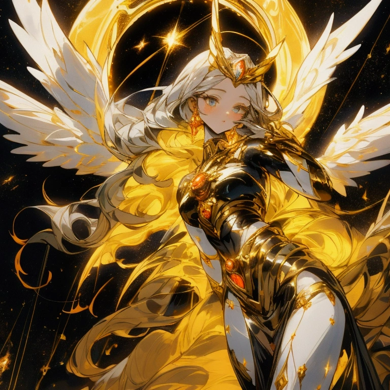 Celestine is a celestial creature whose eyes reflect the starry night sky. Her skin shimmers like the surface of the moon, and her long, flowing silver hair resembles the tail of a comet. As a supreme being, Celestine has the ability to manipulate cosmic elements, control the currents of the universe, and weave the very fabric of spacetime. She is a beacon of hope and light in the darkest corners of existence.She has the most divine body and perfect breasts, but almost the entire right half of her body is covered with liquid robotic metal on : her right arm, almost the entire right leg, waist and shoulder and the entire right side of her face hiding her deformity. She has one whole eye left, that is, the left, nine pairs of angel wings from which starlight emanates - half of them are white on the left and black on the right.She wears flowing clothes.