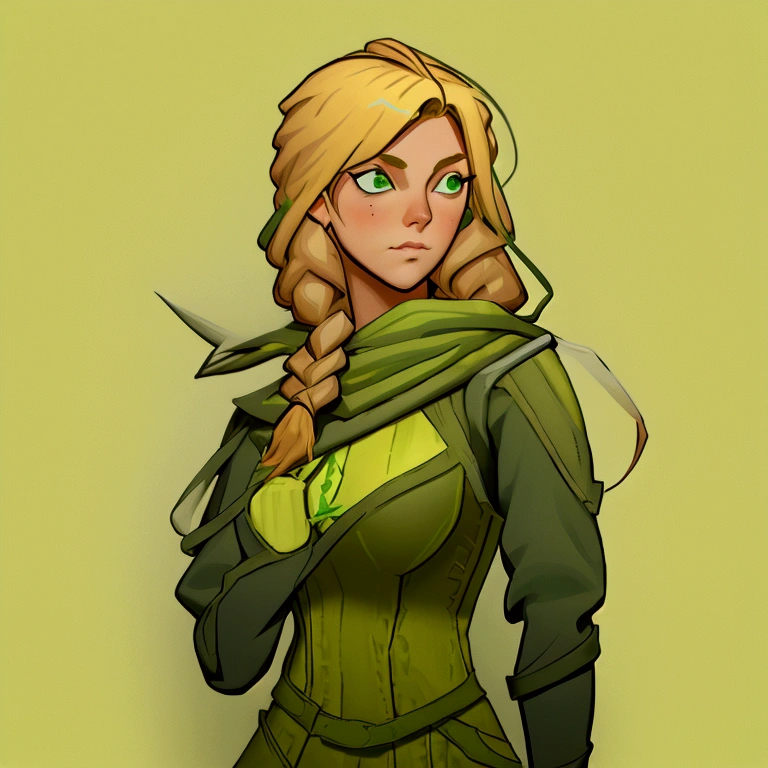 concept art, European and American comics, game character design, RPG Fantasy Game Characters, solo, 20-year-old European woman, (((blonde hair, golden hair))), long hair, braid (((Lime green fabric combat suit))),white background, Brown eyebrows ,holding a bow,black eye, Focused on the upper body, Make your face look bigger,((Draw only up to the waistline))), (((Zoom in so the face is clearly visible))), (((Focused on the upper body))), Lime green short-sleeved top, A cloak with a hood, Brown corset, Lime green gloves, Brown waist belt, The belt buckle is lime green, Short lime green skirt, holding a bow, Wearing a quiver,