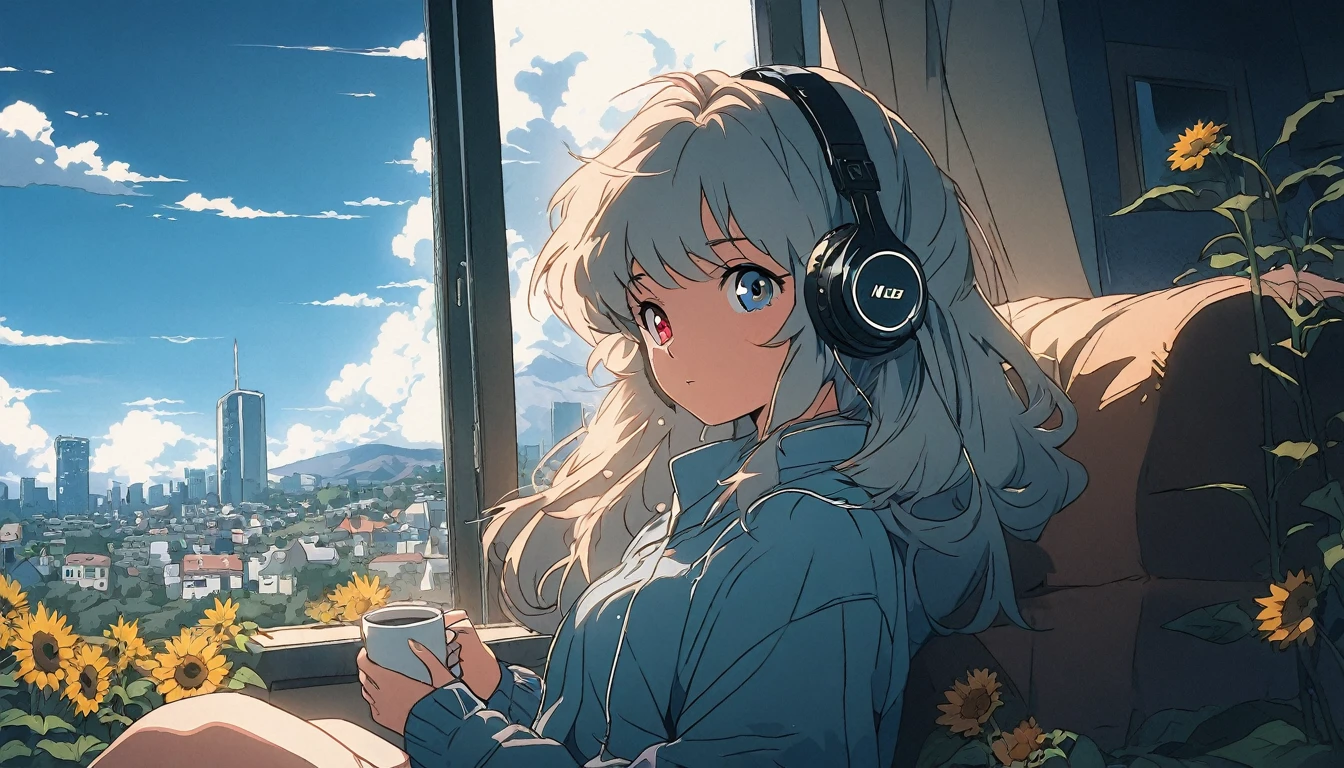 alone, lofi girl, lofi artstyle, lofi art, city, town, Anime Girl, woman sitting on a couch with headphones on and holding a cup, listening to music, listening to godly music, listening to music at 2 am, vibing to music, with headphones, relaxing mood, early morning mood, high quality stock picture, photograph taken in 2 0 2 0, with head phones, girl wearing headphones, the girl on a windowsill, Better hand, better finger, extreme fisheye lens, heterochromia, multicolored eyes, split-color hair, Soft hair, flower, outdoors, sky, day, cloud, tree, blue sky, grass, plant, nature, scenery, stairs, sunflower, 80s anime style, Retro, Lo-Fi