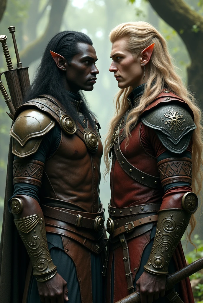 Male elf with ebony skin and male elf with bronze skin and wavy hair wearing a leather armor..