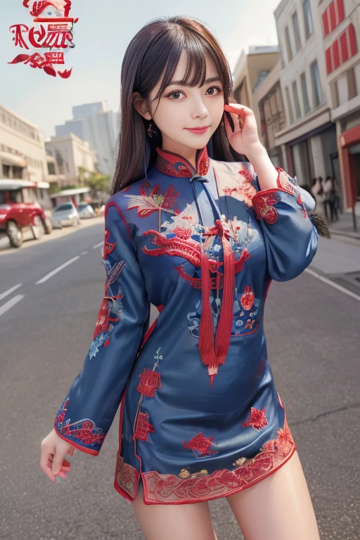 (Highest quality、Ultra-high resolution、masterpiece:1.3),((Red Chinese dress 1.5)), Middle-length hair with bangs, Moisturized eyes down to the finest detail, ((Shiny skin 1.5)), Highest quality, 8k, Slightly blurred background, (Big Breasts , Beautiful feet, Legs exposed through slits), Standing posture,Model pose,Wear heels, Natural color lip, smile, A woman with perfect style, ((Busy city background during the day)), (Colorful patterns(Red and blue embroidery)Red Mini China Clothes:1.5), Look forward, Looking into the camera