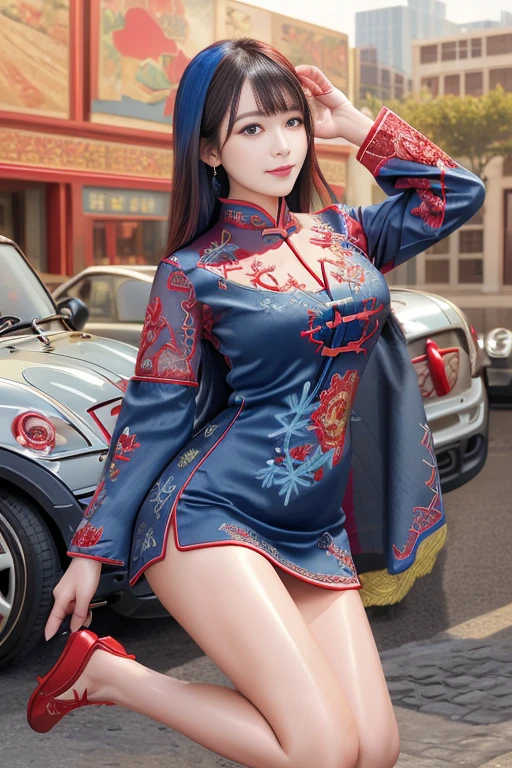 (Highest quality、Ultra-high resolution、masterpiece:1.3),((Red Chinese dress 1.5)), Middle-length hair with bangs, Moisturized eyes down to the finest detail, ((Shiny skin 1.5)), Highest quality, 8k, Slightly blurred background, (Big Breasts , Beautiful feet, Legs exposed through slits), Standing posture,Model pose,Wear heels, Natural color lip, smile, A woman with perfect style, ((Busy city background during the day)), (Colorful patterns(Red and blue embroidery)Red Mini China Clothes:1.5), Look forward, Looking into the camera