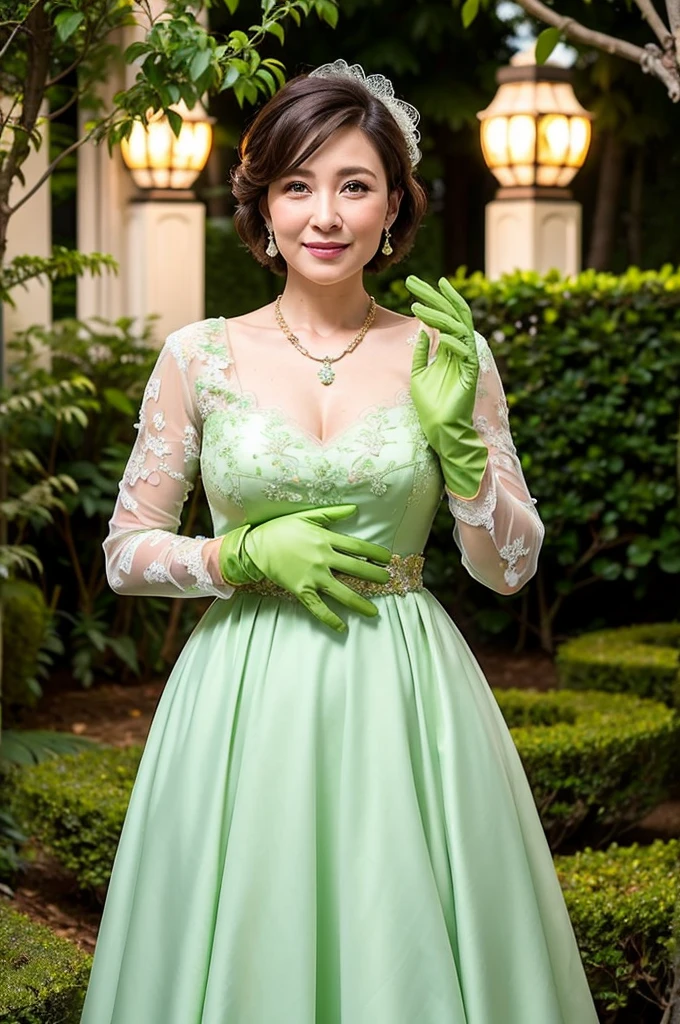 ((Masterpiece)), ((Best Quality)), A middle-aged short-hair woman, ((She is wearing an ornamental light green color wedding dress)), She is wearing gloves on her hands., outdoor, She is in a garden. She is wearing a big necklace.
