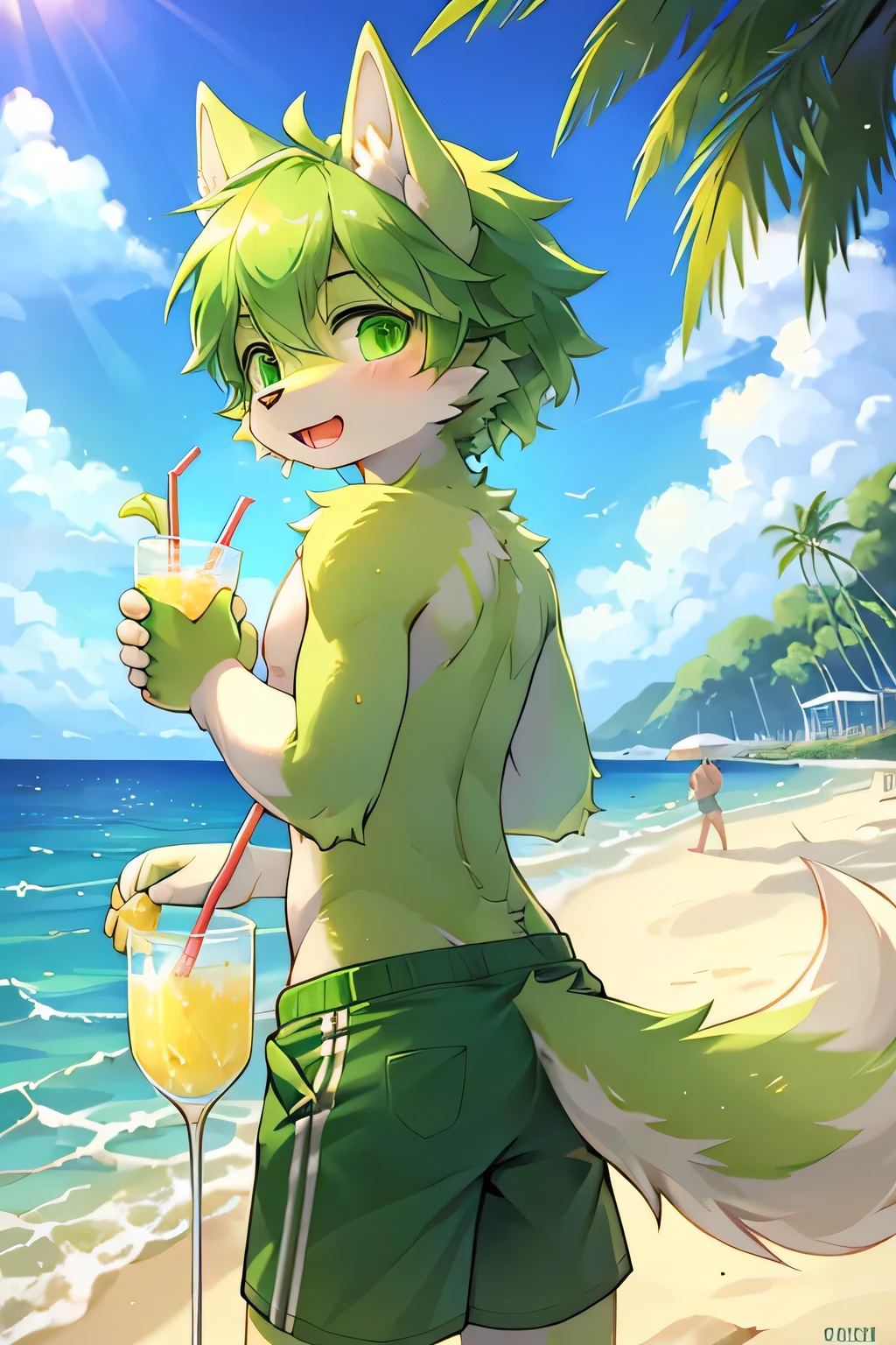 A wolf boy with yellow-green and white fur,Wear green shorts,Eat green lime,Beach,seaside,swim,summer,Drink lemonade