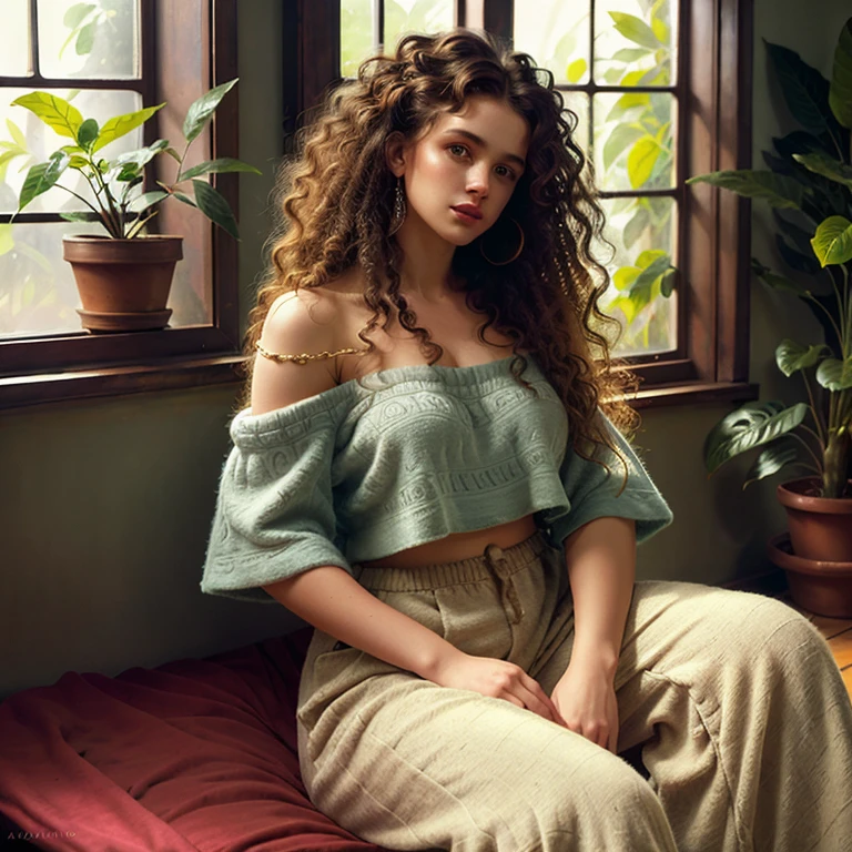 (photorealism:1.2), beautiful woman, sitting on bed, wearing loose off-shoulder top, pajama lowered pants, long curly hair, indoors, soft lighting, plants in background, window with sunlight, cozy room, relaxed pose, realistic, intricate details, warm colors, by Greg Rutkowski, by Alphonse Mucha