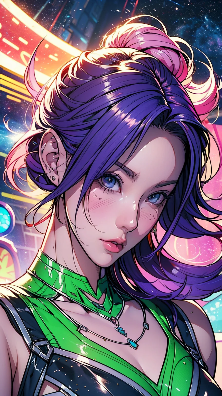Close-up of a woman with colorful hair and necklace, Space-like hair anime, Soft vitality of Ross Dres, Gubes-inspired artwork, Fantasy art style, colorful], Vivid fantasy style, Ross draws vibrant cartoons, universe and colorful, Gwaiz, colorful digital fantasy art, Great art style, Beautiful anime style, White skin, hulk clothes