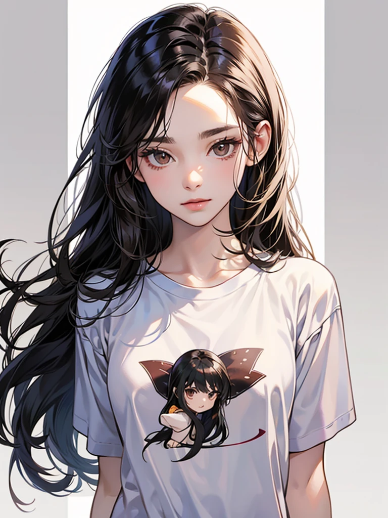long straight black hair, brown eyes, Sharp features, white skin, perfect, t-shirt, simple background, 1 girl,