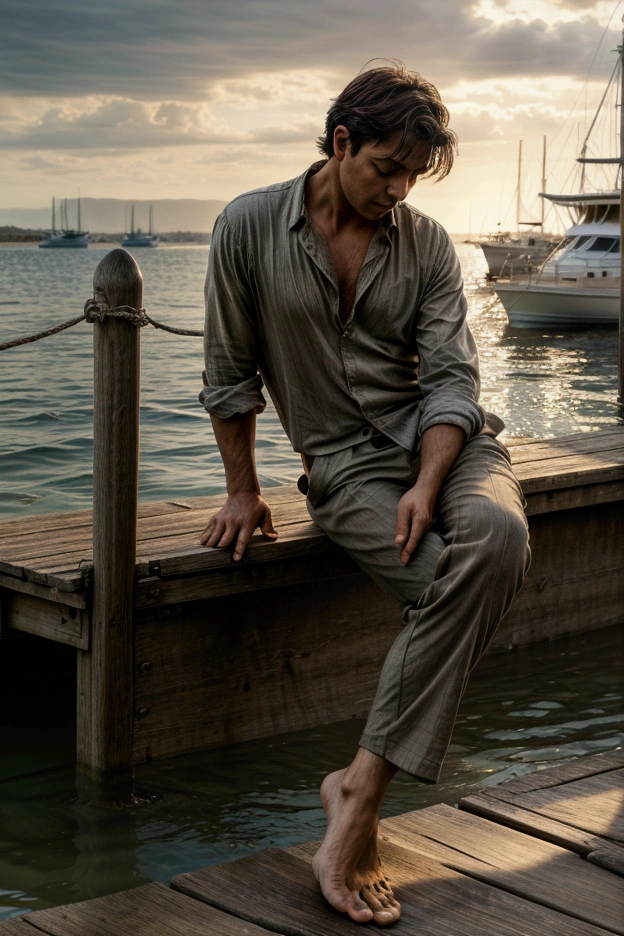 A tranquil Pino Daeni-inspired scene: A contemplative mature male figure sits on a weathered wooden bridge, his feet submerged in the gentle lapping of the water's edge. His bare muscular torso and rolled-up trousers evoke a sense of relaxed confidence. The sailing marina unfolds in the background, with boats moored like tiny islands, as seagulls soar overhead against a brilliant summer sky. Warm sunlight casts dramatic shadows, creating a captivating chiaroscuro effect.