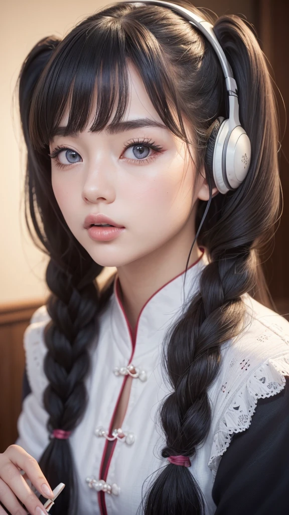 (A beautiful girl wearing a red traditional Chinese dress, licking a lollipop, wearing headphones in a recording studio, posting a cute pose on social media.) (This beautiful girl is , 18% Japanese, 26% French, 56% Ukrainian, 178 cm tall, small bust but stylish, with a beautiful, well-balanced figure.) (Her hair is very long, pinkish gray, tied in twin tails with black ribbons, and curls in a spiral toward the ends.) (Her eyebrows are the same color as her hair, thin, slightly thick, short, and her eyelashes are long.) (Her large blue eyes reflect the light of the lighting and are amazingly beautiful like pearls.) (Her nose is high like an English person, her lips are plump and kissable, her skin is translucent white, and the proportions of her head and face are traditionally Japanese.) Aesthetics. The number of fingers is also noteworthy, but they are not too many or too few, and even the tips of her nails are very delicately expressed. (Single, Masterpiece, Ultra-detailed, Highest quality, Artistic composition, Ultra-accurate, Realistic, Photorealistic, High resolution, Dynamic lighting effects, Consider the proportions of the whole composition, Ultra-realistic). Try to highlight the facial expressions and appearance. Try your best to meet all these criteria.