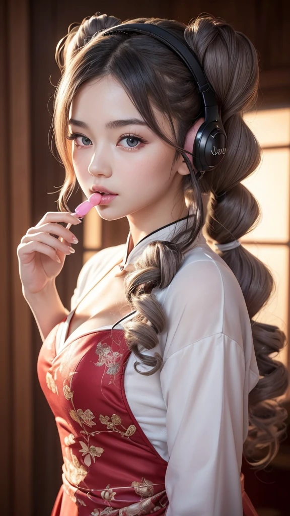 (A beautiful girl wearing a red traditional Chinese dress, licking a lollipop, wearing headphones in a recording studio, posting a cute pose on social media.) (This beautiful girl is , 18% Japanese, 26% French, 56% Ukrainian, 178 cm tall, small bust but stylish, with a beautiful, well-balanced figure.) (Her hair is very long, pinkish gray, tied in twin tails with black ribbons, and curls in a spiral toward the ends.) (Her eyebrows are the same color as her hair, thin, slightly thick, short, and her eyelashes are long.) (Her large blue eyes reflect the light of the lighting and are amazingly beautiful like pearls.) (Her nose is high like an English person, her lips are plump and kissable, her skin is translucent white, and the proportions of her head and face are traditionally Japanese.) Aesthetics. The number of fingers is also noteworthy, but they are not too many or too few, and even the tips of her nails are very delicately expressed. (Single, Masterpiece, Ultra-detailed, Highest quality, Artistic composition, Ultra-accurate, Realistic, Photorealistic, High resolution, Dynamic lighting effects, Consider the proportions of the whole composition, Ultra-realistic). Try to highlight the facial expressions and appearance. Try your best to meet all these criteria.