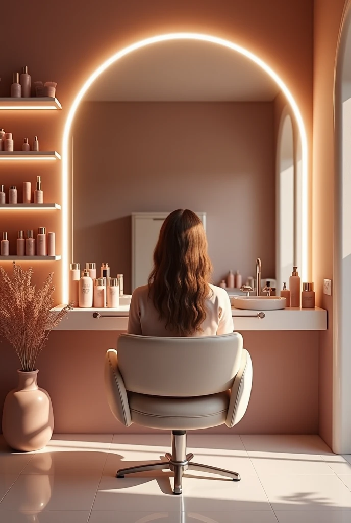 Image as if you were looking from inside a beauty salon with a chair and sink, mirror and shelf in the background with products in the background. Cor rose Gold  no formato 1080 X 720. nor the  