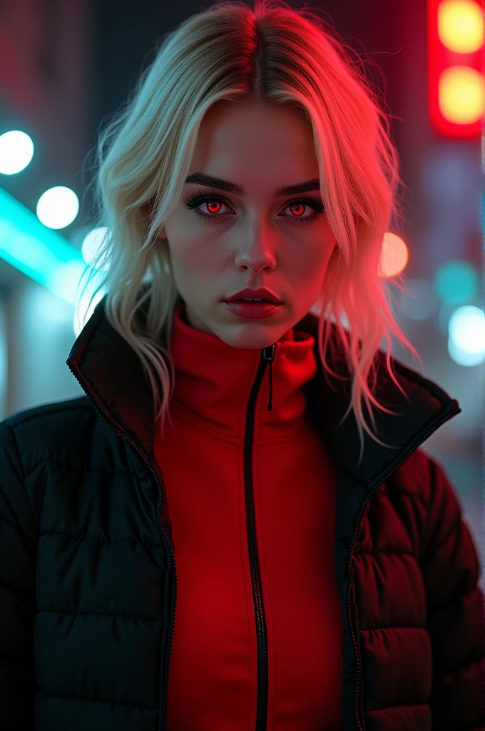 blonde girl with red eyes, black jacket, red inside shirt with a red collar around her neck, with wild personality