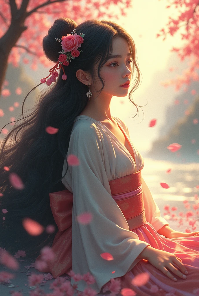 1 girl,black fur, by the floating, playa,scenery,landscape,Cherry blossoms, petals falling, Sun ray,rays of god,Upper part of the body, Color,dress,kimono